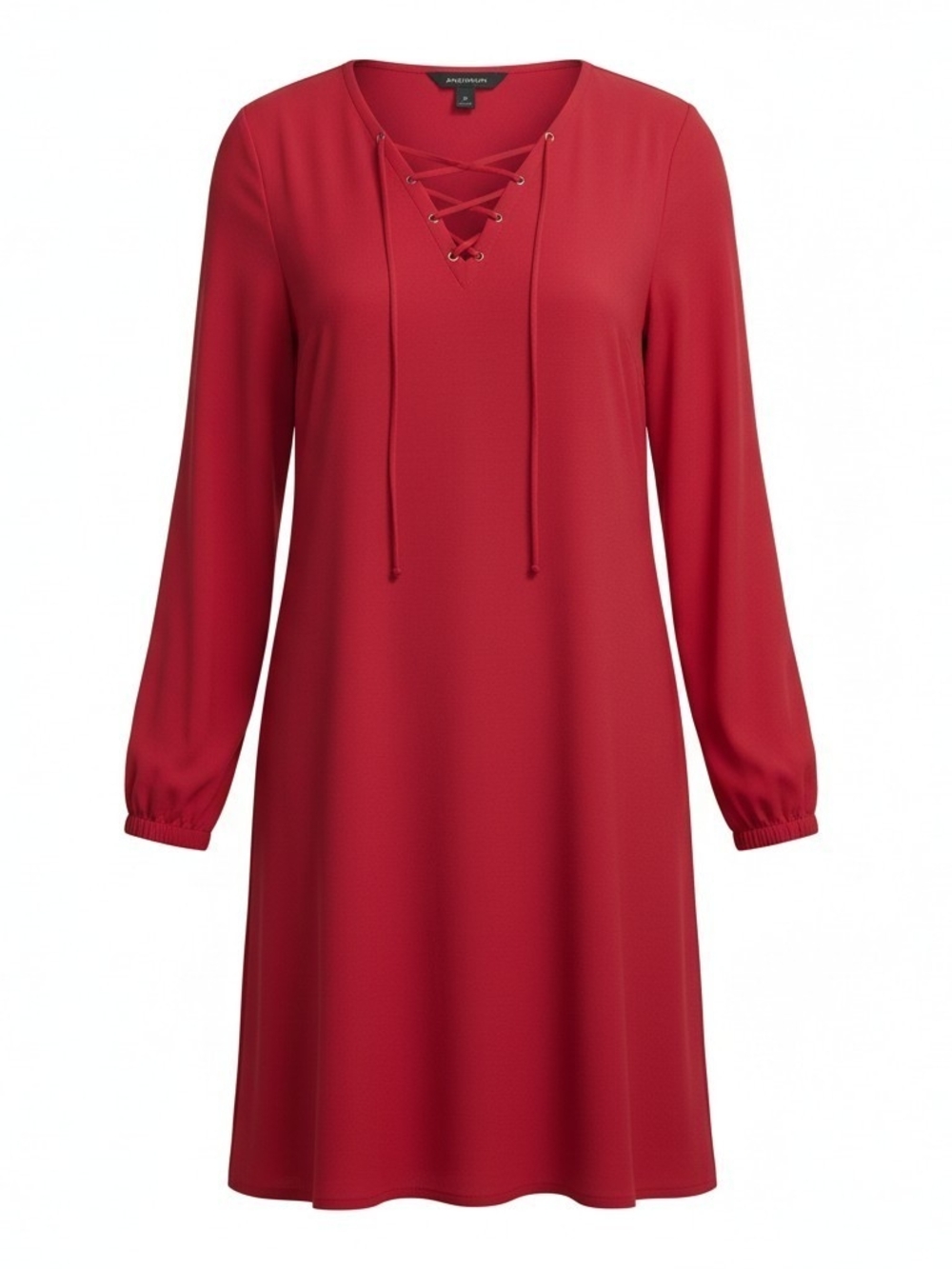 Worthington Red Shift Dress M Long Sleeve Lace Up V-Neck Mini Casual EUC